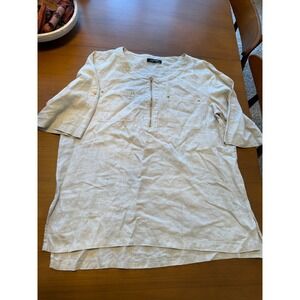 Ellen Tracy Womens XL Linen Shirt Blouse‎ 3/4 Sleeve Gold Zipper Pockets